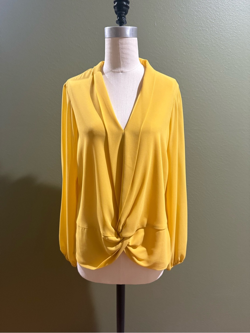 Draped Twist-Front Yellow Long-Sleeve Blouse